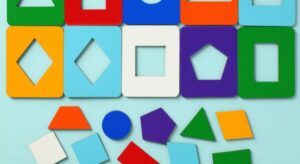 Various colourful shapes laid out for a sorting activity, used in early years STEM activities to teach children about geometry, categorization, and early math skills.